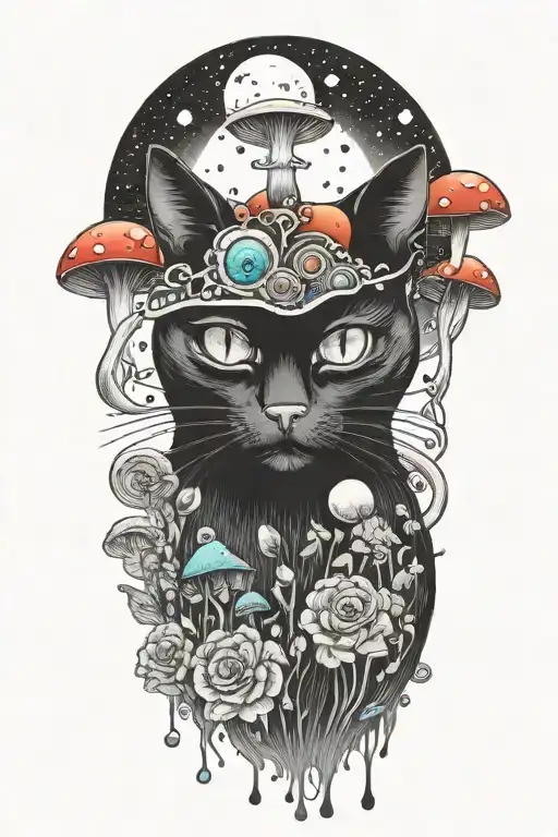 black cat with 3 eye balls and trippy colorful mushrooms with moon melting  tattoo design idea