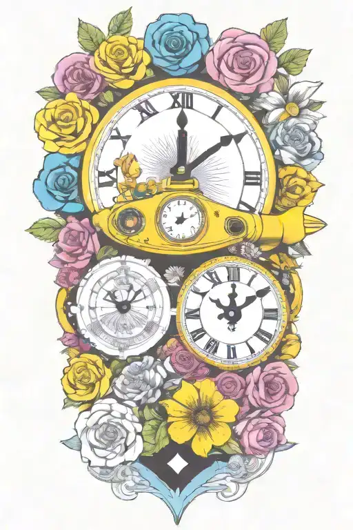 yellow submarine with colorful flowers and clock and rainbow  tattoo design idea