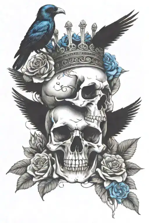 skull wearing crown with raven on headand blue roses intertwined tattoo design idea