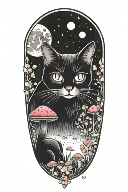 black cat with 3 eye balls and trippy colorful mushrooms with moon melting  tattoo design idea
