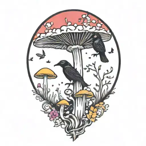 colorful mushroom with ravens and moon tattoo  tattoo design idea