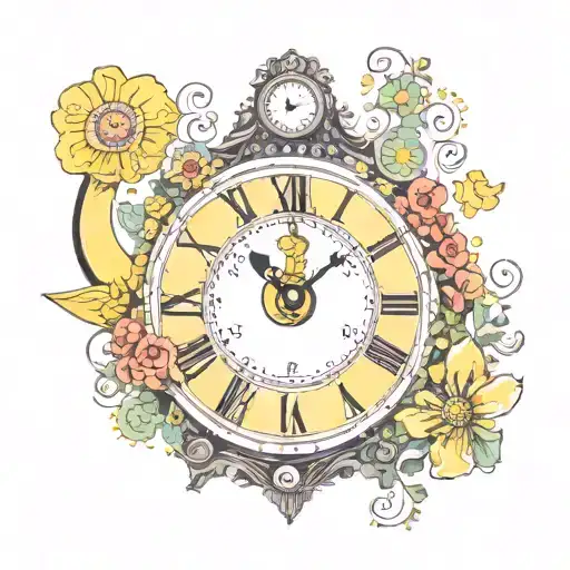 yellow submarine with colorful flowers and clock tattoo design idea