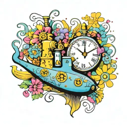 yellow submarine with colorful flowers and clock tattoo design idea