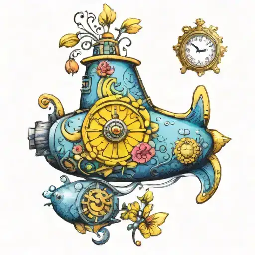 yellow submarine with flowers and clock  tattoo design idea
