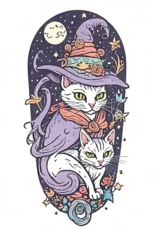 witch cat with moon and stars and colorful mushrooms and bats tattoo design idea