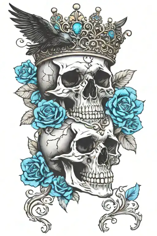 skull wearing crown with raven on headand blue roses intertwined tattoo design idea