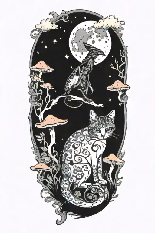 witch cat with moon and stars and colorful mushrooms and bats tattoo design idea