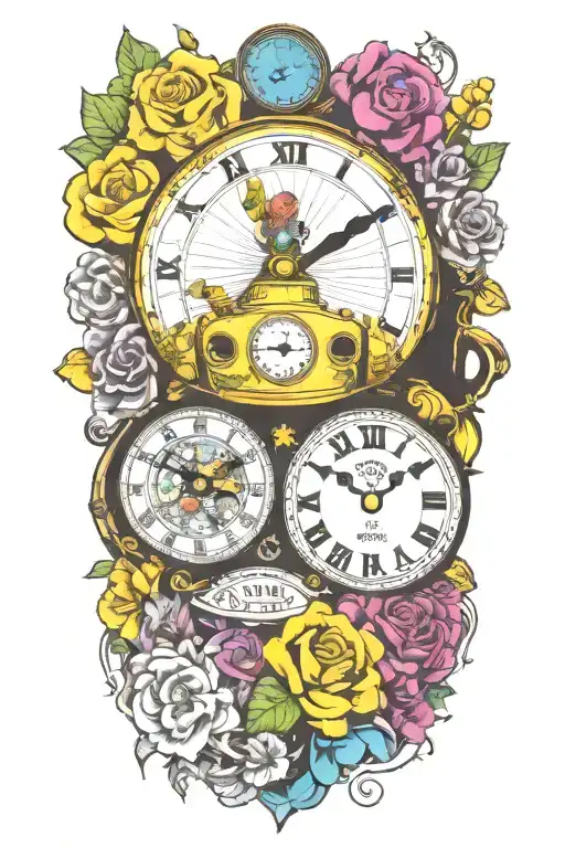 yellow submarine with colorful flowers and clock and rainbow  tattoo design idea