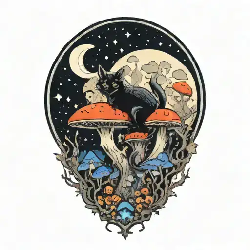 moon with black witch cat and colorful mushrooms growing tattoo design idea