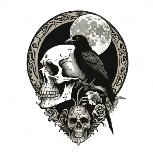 moon and raven perched on a skull tattoo design idea