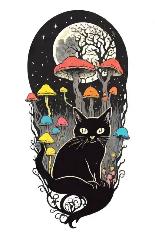 black cat and trippy colorful mushrooms with moon melting  tattoo design idea
