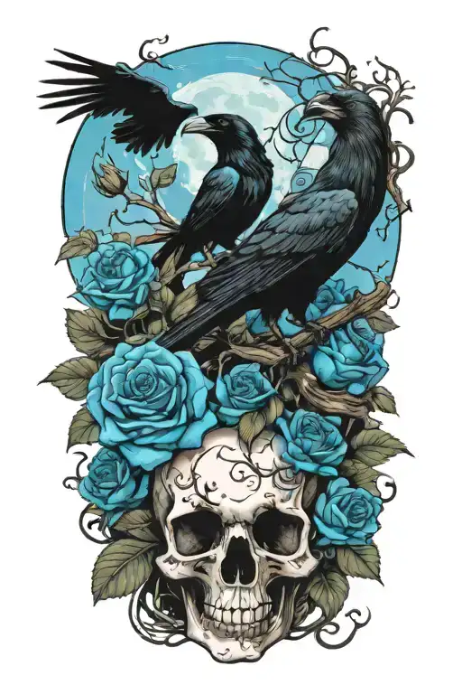 moon and raven perched on a skull with blue roses  tattoo design idea