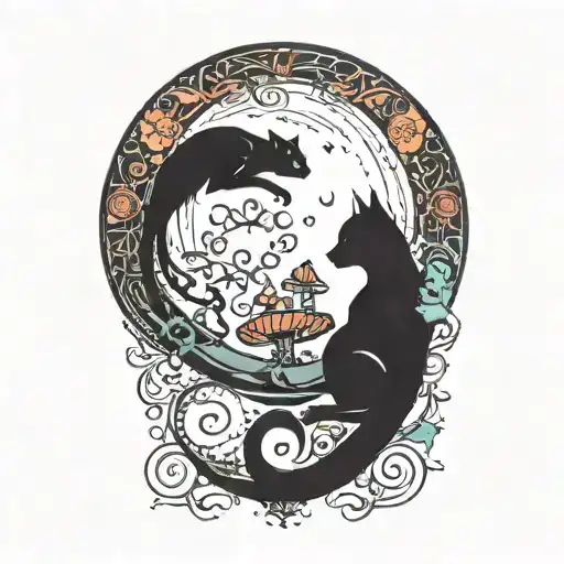 moon with black cat and colorful mushrooms tattoo design idea