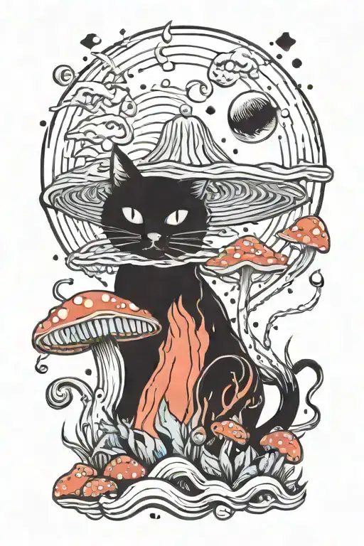 melting colorful mushroom black cat with moon tattoo design idea