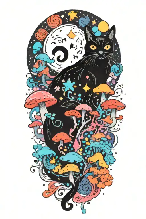 black cat with colorful mushrooms and crescent moon and clouds and stars melting  tattoo design idea
