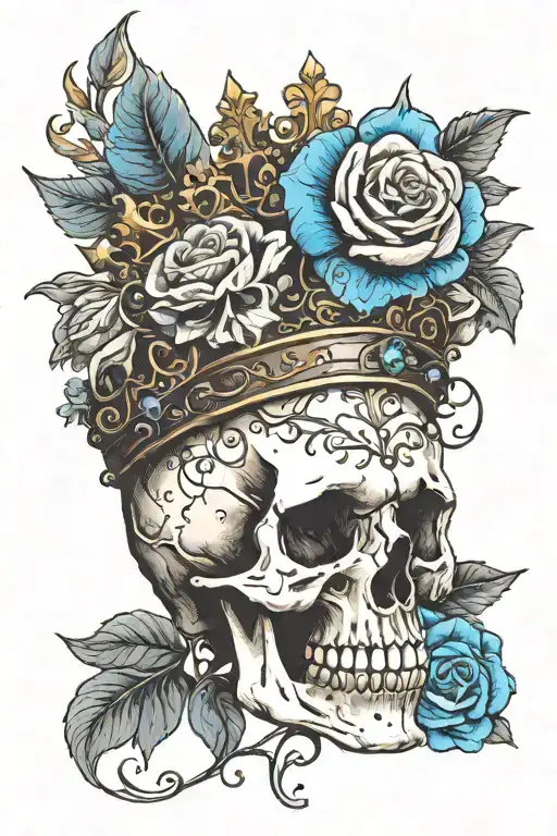 skull wearing crown with raven on headand blue roses intertwined tattoo design idea