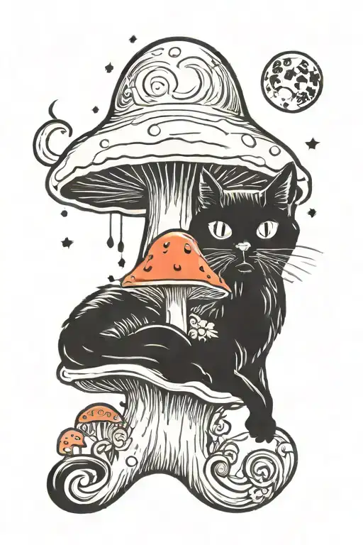 melting colorful mushroom black cat with moon tattoo design idea