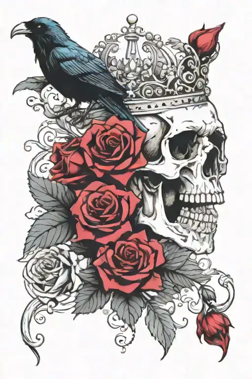 skull wearing crown with raven on and blue roses intertwined tattoo design idea