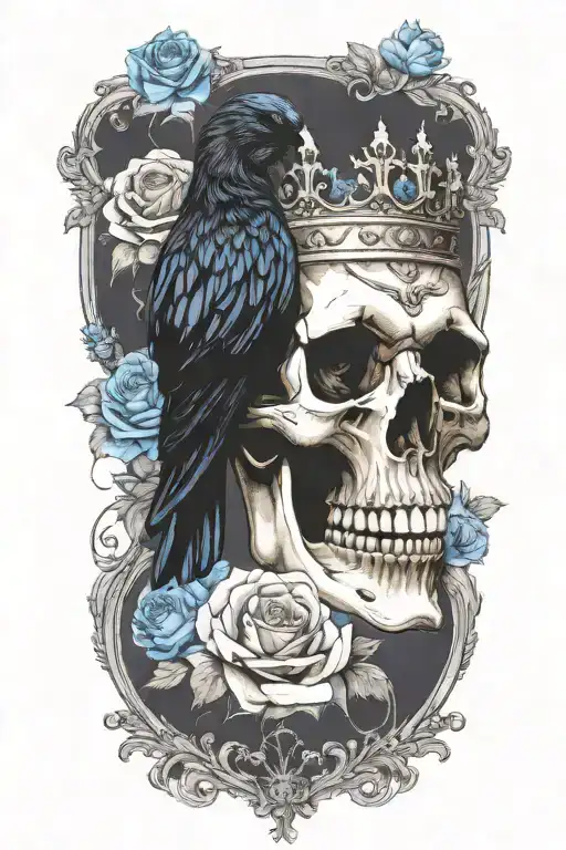skull wearing crown with raven on and blue roses intertwined tattoo design idea