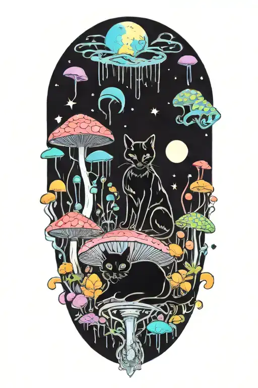 black cat and trippy colorful mushrooms with moon melting  tattoo design idea