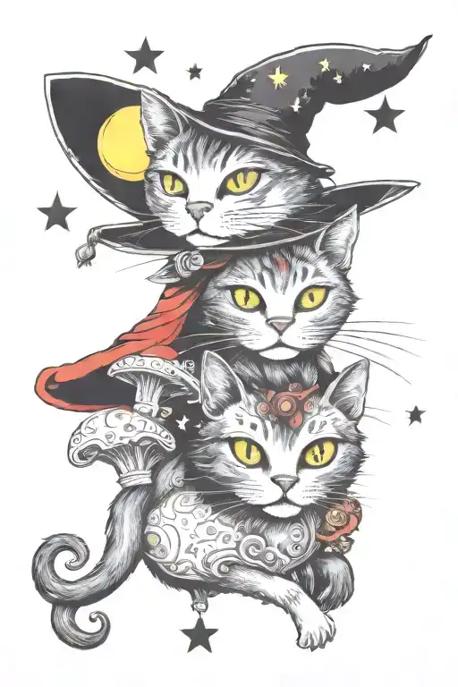 witch cat with moon and stars and colorful mushrooms trippy  tattoo design idea