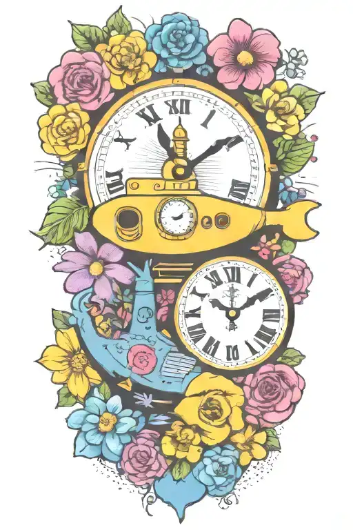 yellow submarine with colorful flowers and clock and rainbow  tattoo design idea