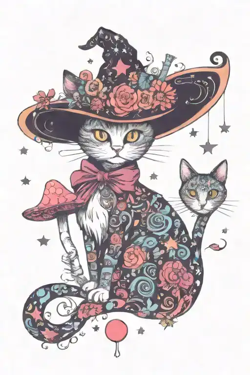 witch cat with moon and stars and colorful mushrooms trippy  tattoo design idea