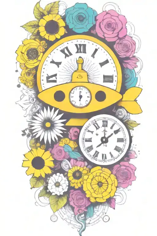 yellow submarine with colorful flowers and clock and rainbow  tattoo design idea