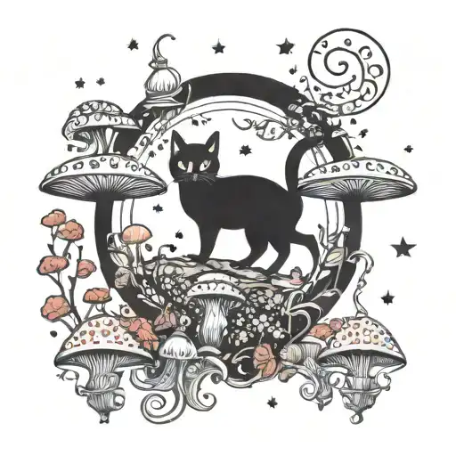 black cat and colorful mushrooms with moon and stars tattoo design idea