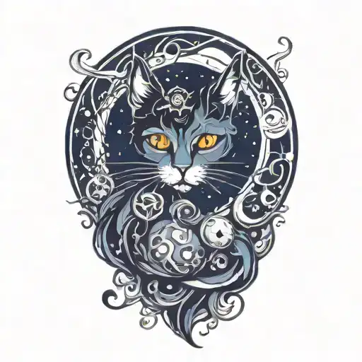 witch cat and moon tattoo design idea
