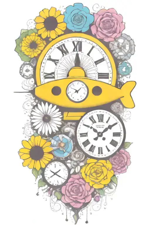yellow submarine with colorful flowers and clock and rainbow  tattoo design idea