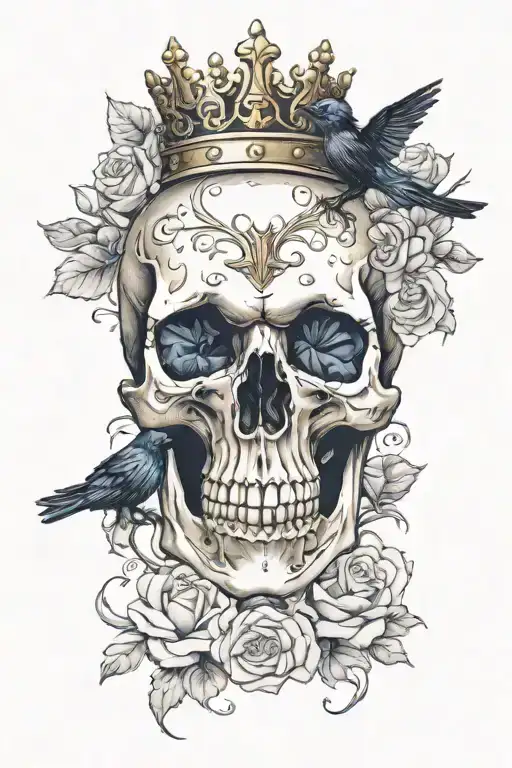 skull wearing crown with raven on and blue roses intertwined tattoo design idea