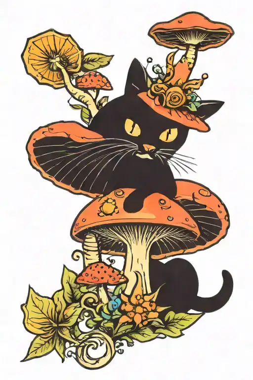  colorful mushroom black cat with sun and moon  tattoo design idea