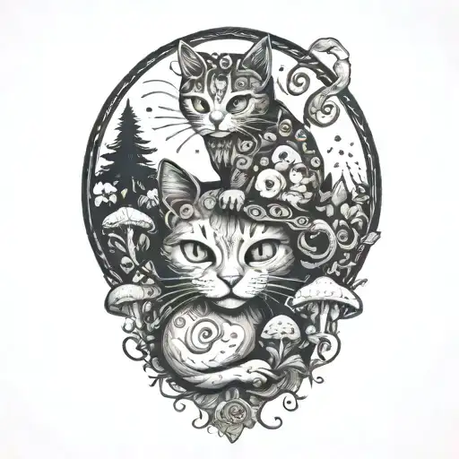 hippie cat and mushrooms  tattoo design idea