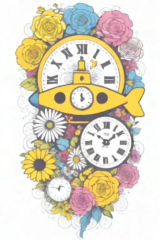 yellow submarine with colorful flowers and clock and rainbow  tattoo design idea