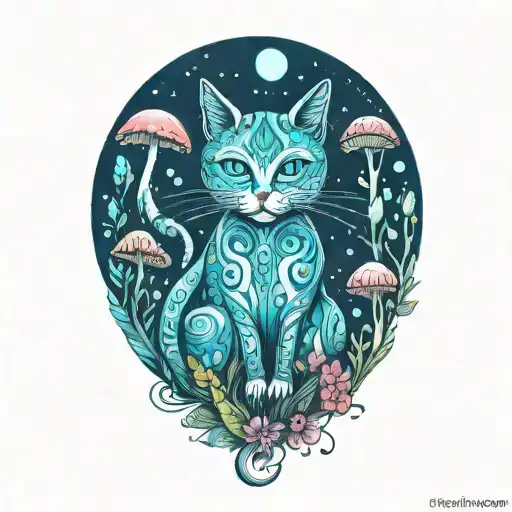hippie cat and mushrooms  tattoo design idea