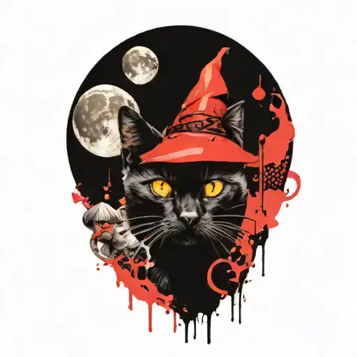 black cat and magic mushroom with moon tattoo design idea