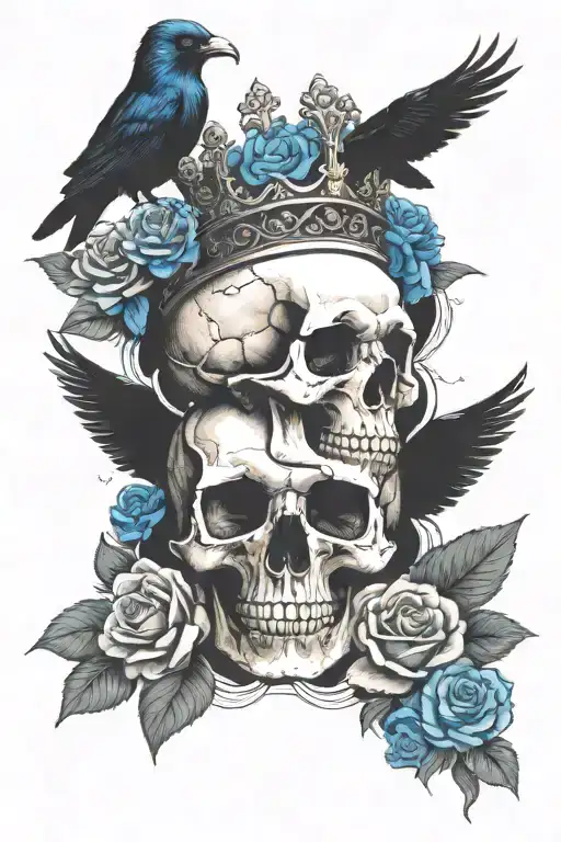 skull wearing crown with raven on headand blue roses intertwined tattoo design idea