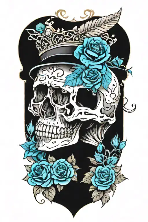 skull wearing crown with raven on and blue roses intertwined tattoo design idea