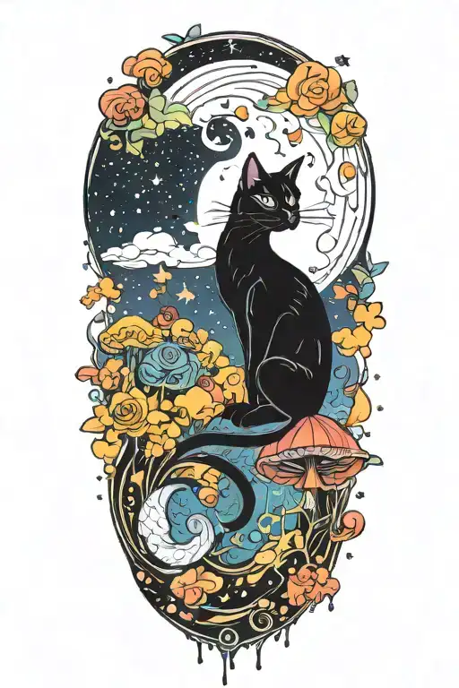 black cat with colorful mushrooms and crescent moon and clouds and stars melting  tattoo design idea