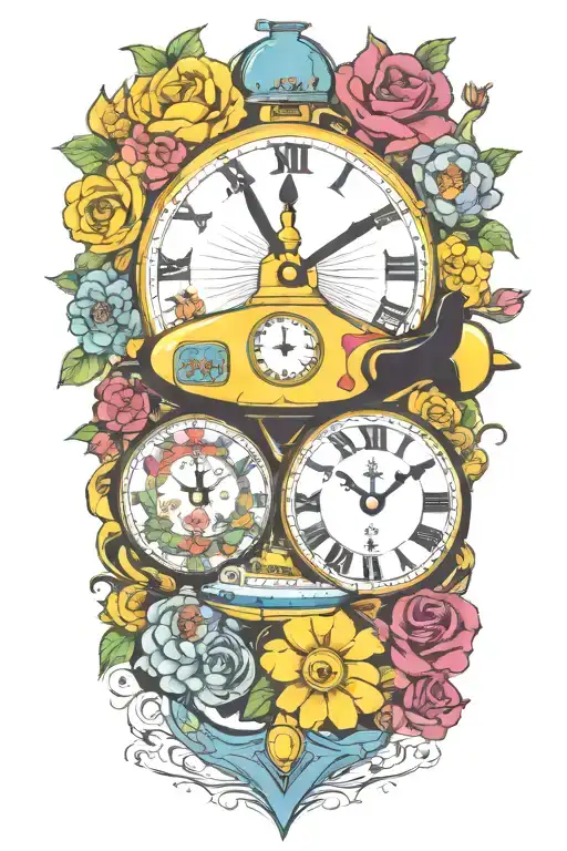 yellow submarine with colorful flowers and clock and rainbow  tattoo design idea