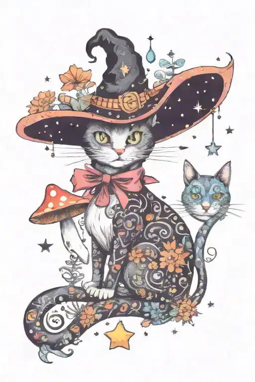 witch cat with moon and stars and colorful mushrooms trippy  tattoo design idea