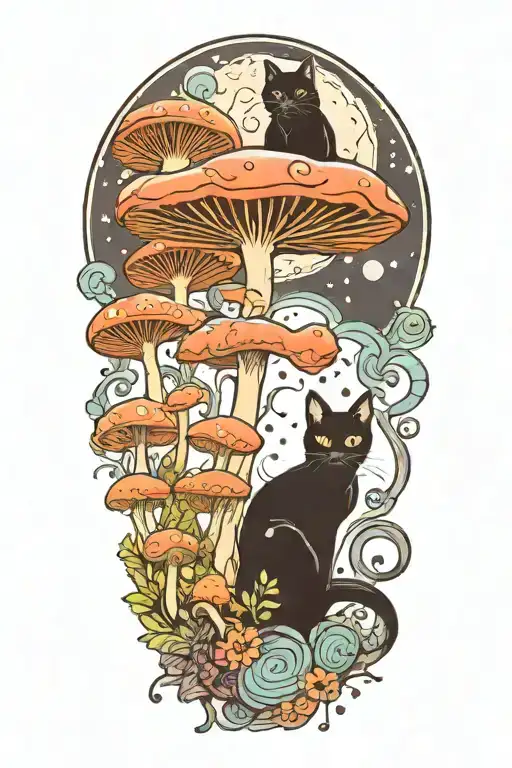 black cat and trippy colorful mushrooms with moon  tattoo design idea