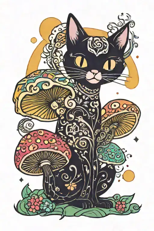 colorful mushroom black cat with sun and moon  tattoo design idea
