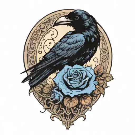 raven and blue rose tattoo design idea
