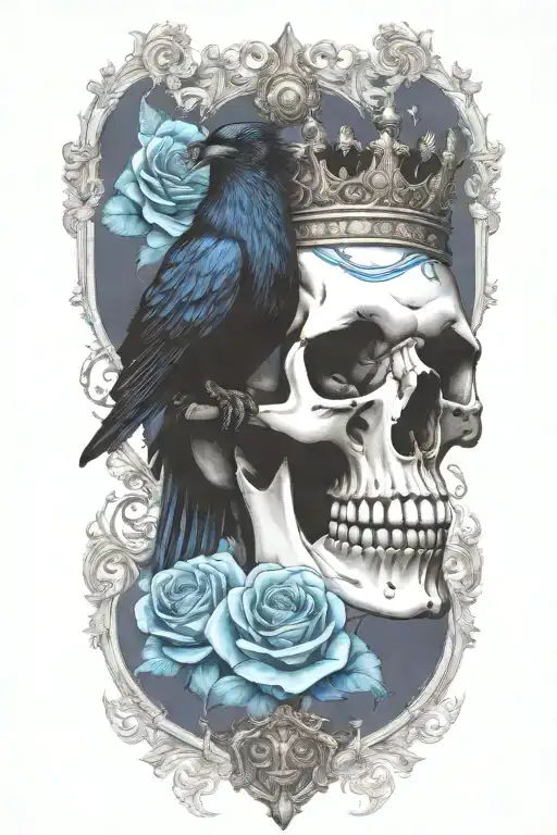 skull wearing crown with raven on and blue roses intertwined tattoo design idea