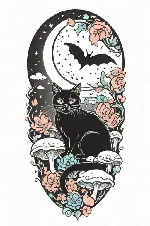 black cat with colorful mushrooms and crescent moon and clouds and stars tattoo design idea