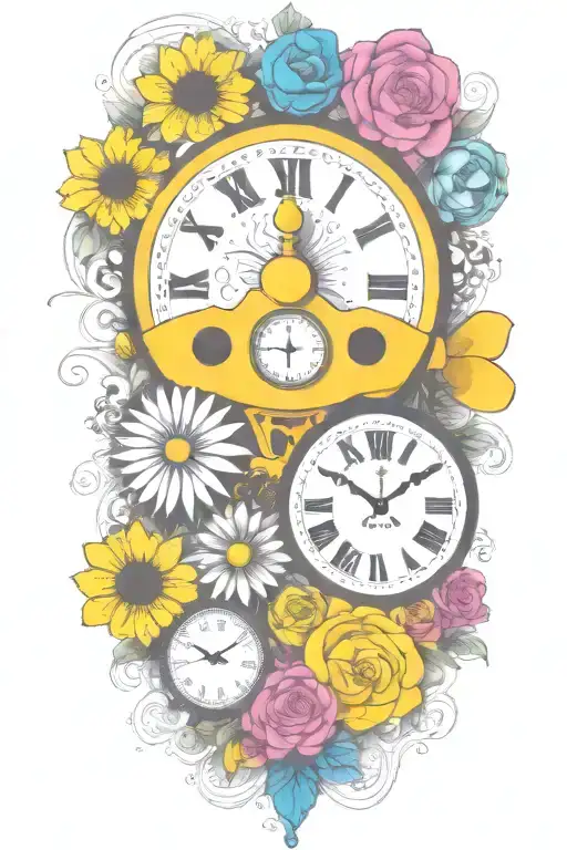 yellow submarine with colorful flowers and clock and rainbow  tattoo design idea