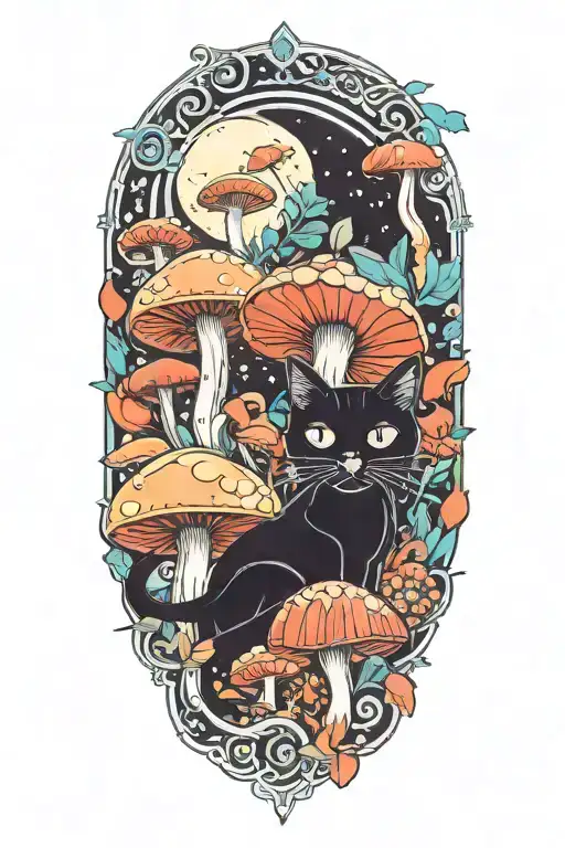 black cat and trippy colorful mushrooms with moon  tattoo design idea