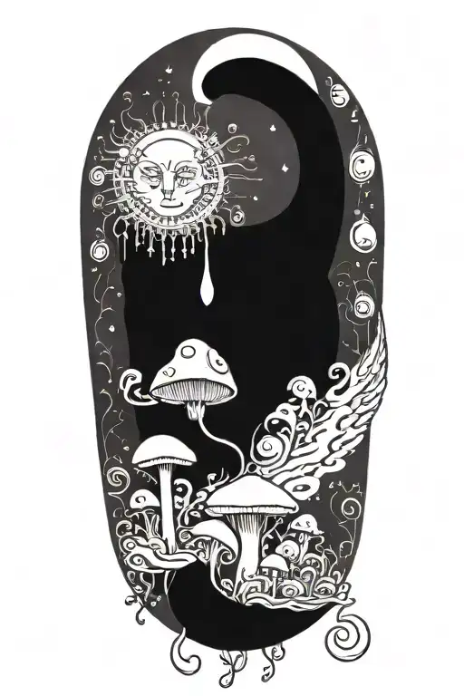 black cat with 3 eye balls and trippy colorful mushrooms with moon melting  tattoo design idea